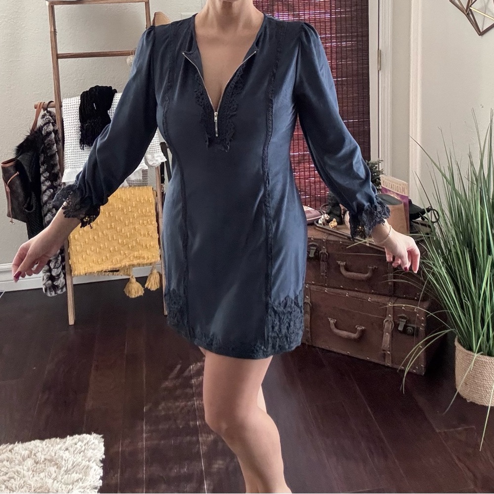 Elegant Navy suede  Dress with Lace Details